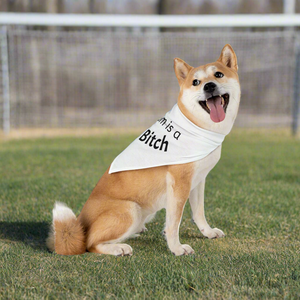 Dog wearing a bandana with text on a white background