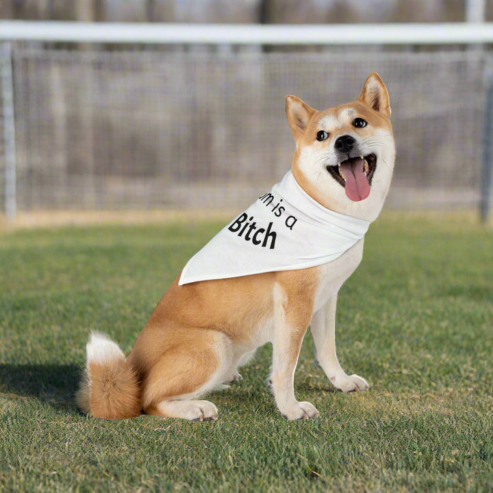 Dog wearing a bandana with text on a white background