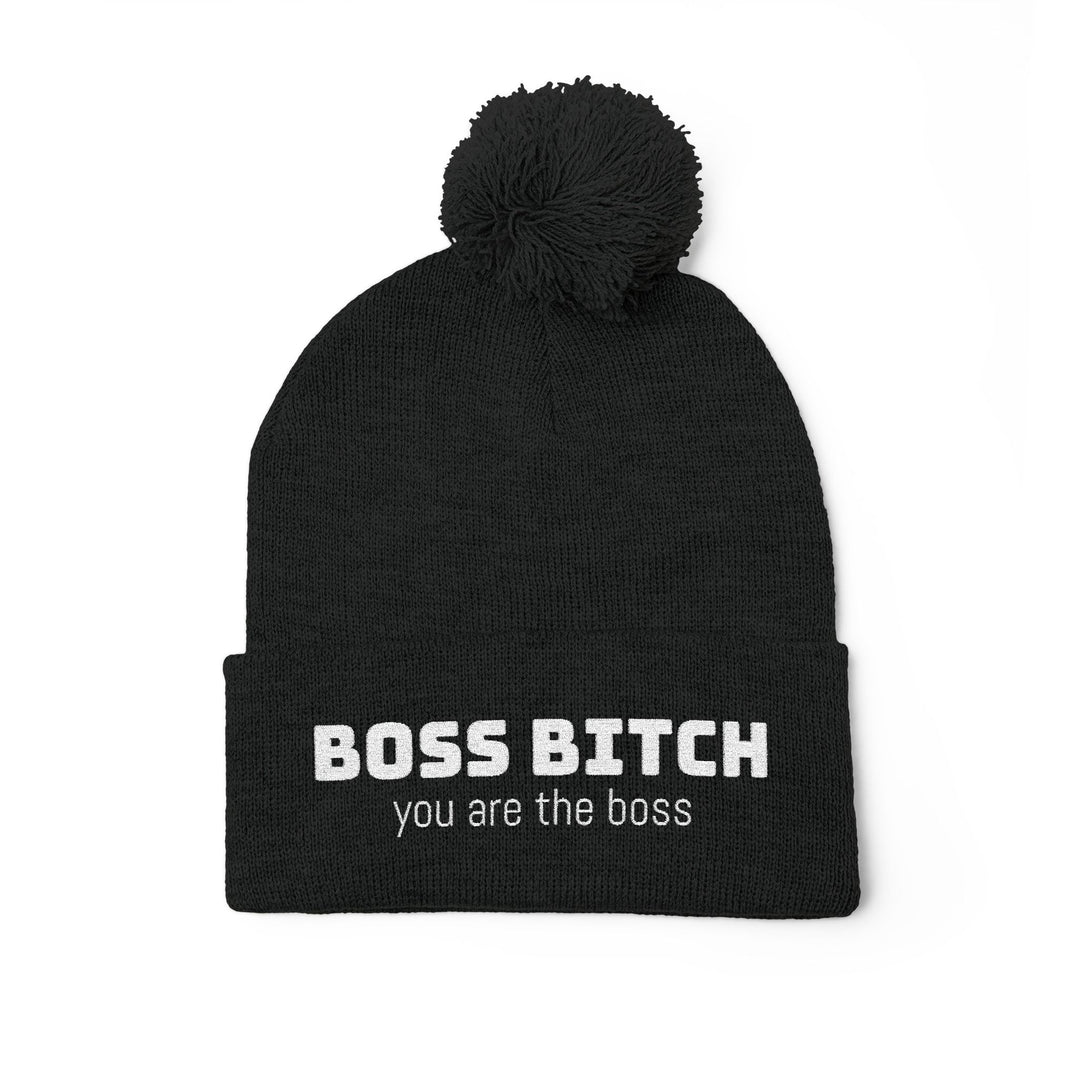 Cozy Pom-Pom Knit Cap - 'Boss Bitch' Beanie, Winter Hat, Gift for Her, Trendy Accessories, Fashionable Headwear