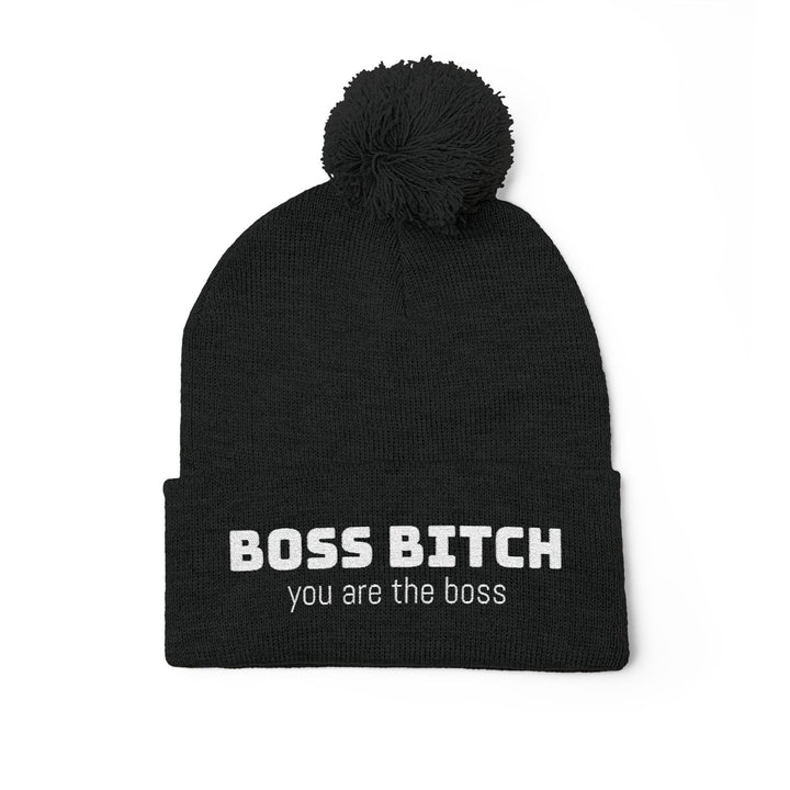 Cozy Pom-Pom Knit Cap - 'Boss Bitch' Beanie, Winter Hat, Gift for Her, Trendy Accessories, Fashionable Headwear