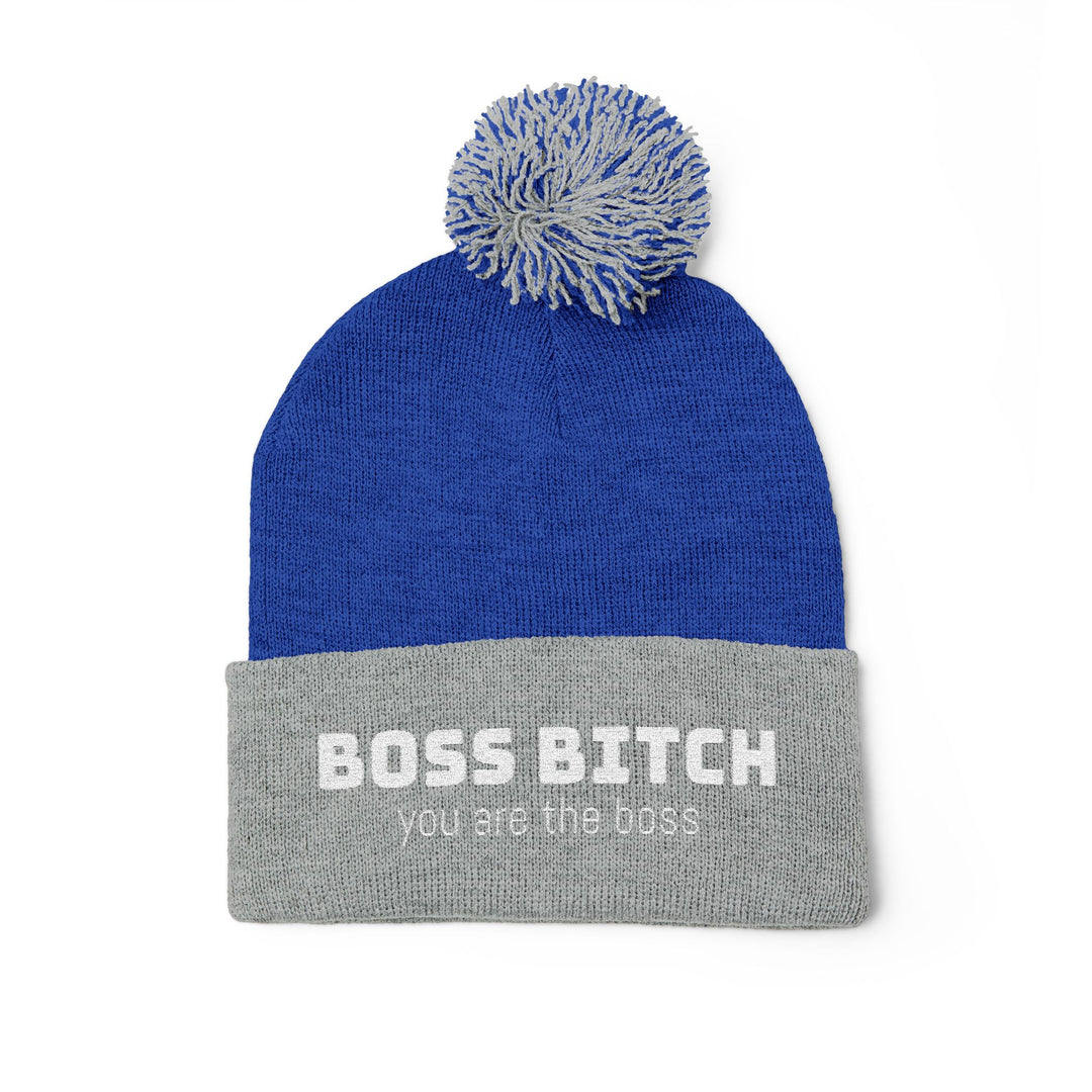 Cozy Pom-Pom Knit Cap - 'Boss Bitch' Beanie, Winter Hat, Gift for Her, Trendy Accessories, Fashionable Headwear