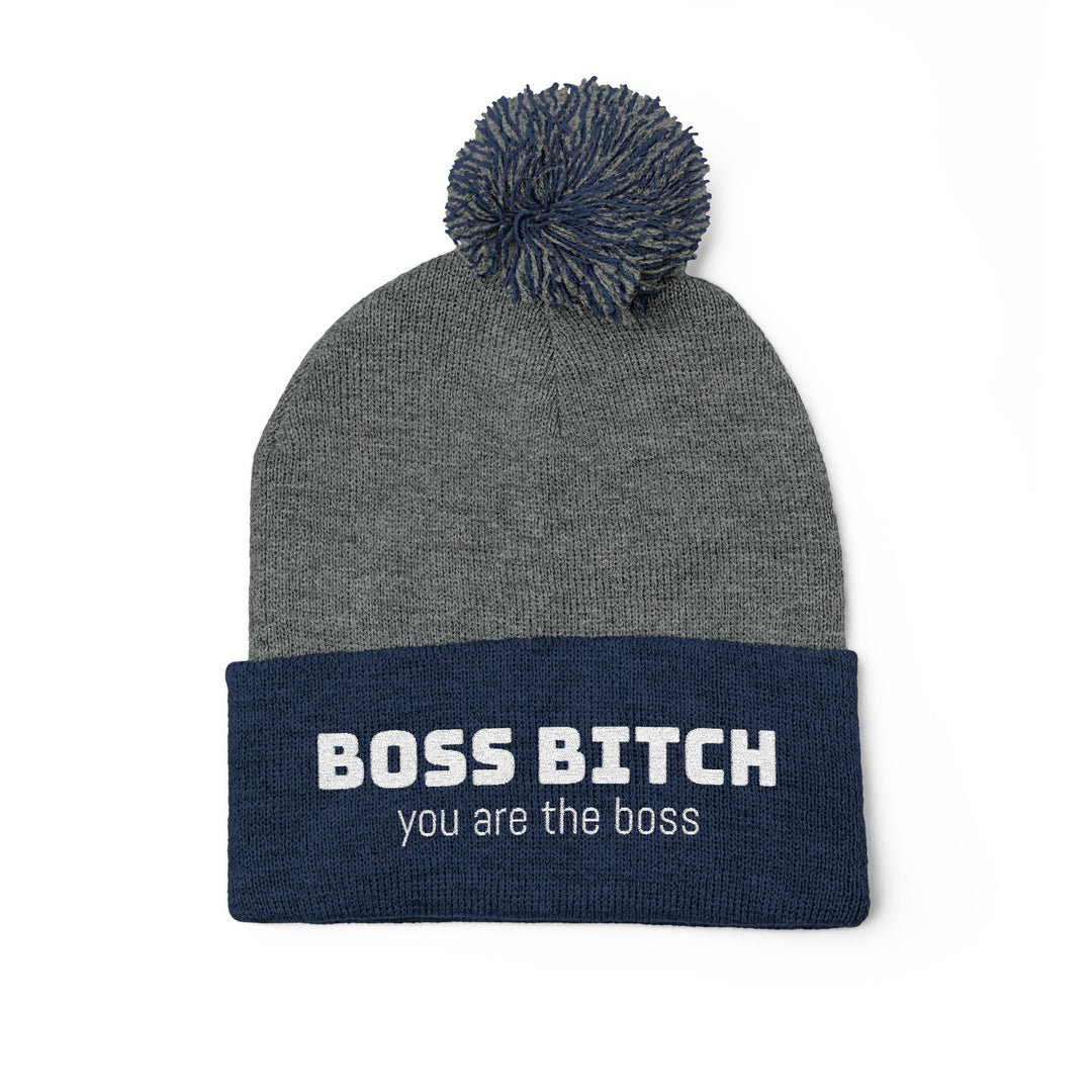 Cozy Pom-Pom Knit Cap - 'Boss Bitch' Beanie, Winter Hat, Gift for Her, Trendy Accessories, Fashionable Headwear