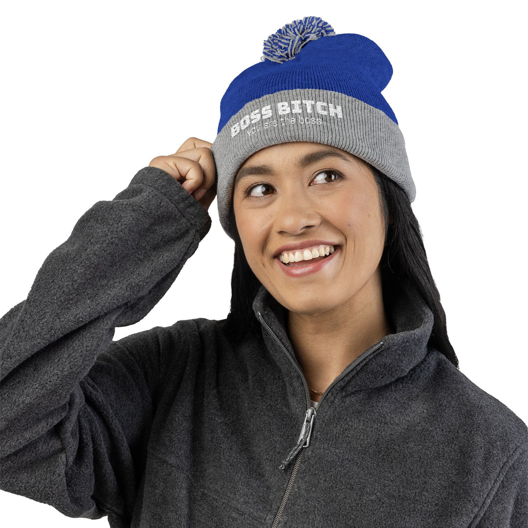 Cozy Pom-Pom Knit Cap - 'Boss Bitch' Beanie, Winter Hat, Gift for Her, Trendy Accessories, Fashionable Headwear
