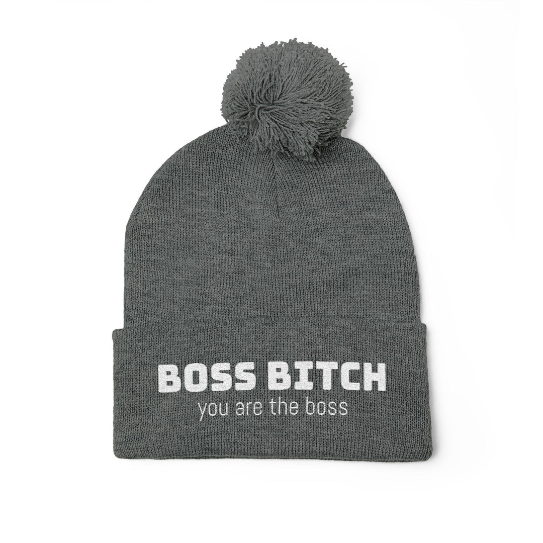 Cozy Pom-Pom Knit Cap - 'Boss Bitch' Beanie, Winter Hat, Gift for Her, Trendy Accessories, Fashionable Headwear